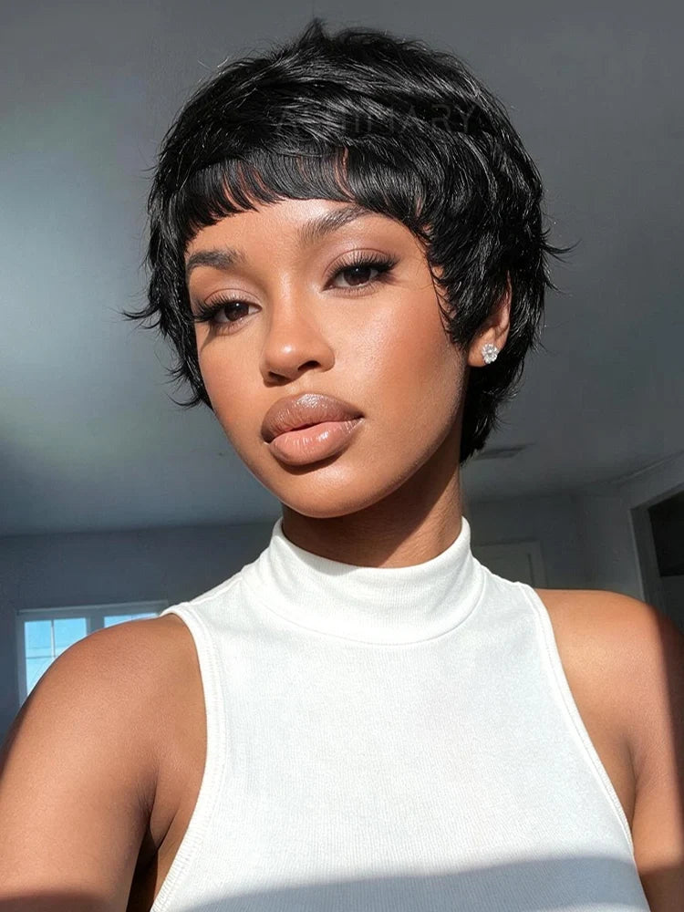 Short Pixie Cut Wigs For Women Feathered Layers Natural Black Human Hair
