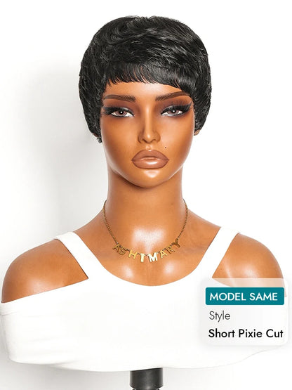 Short Pixie Cut Wigs For Women Feathered Layers Natural Black Human Hair
