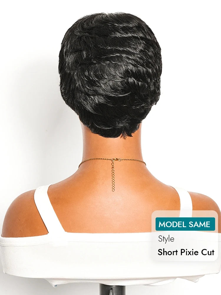 Short Pixie Cut Wigs For Women Feathered Layers Natural Black Human Hair