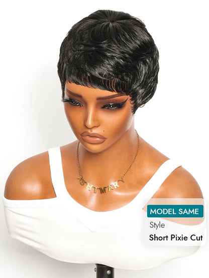 Short Pixie Cut Wigs For Women Feathered Layers Natural Black Human Hair