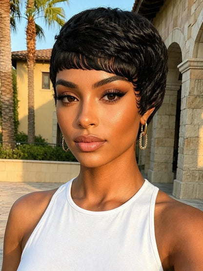 Short Pixie Cut Wigs For Women Feathered Layers Natural Black Human Hair
