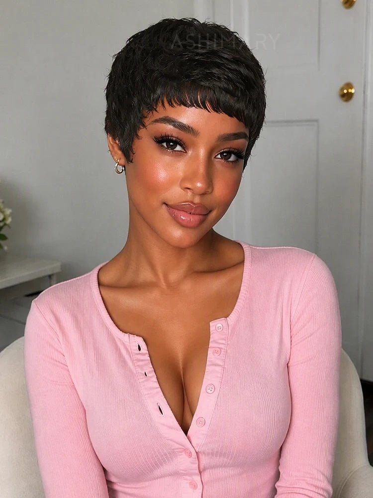 Short Pixie Cut Wigs For Women Feathered Layers Natural Black Human Hair