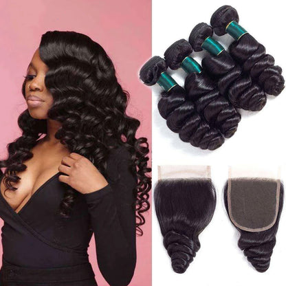Loose Wave 4 Bundles With Closure Natural Color Human Hair Remy Hair