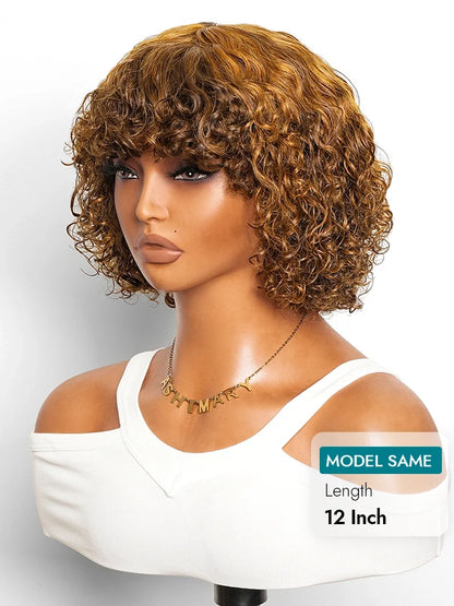 Honey Brown Highlights Curly Full Machine Made Glueless Curly Wig with Bangs Beginner Friendly