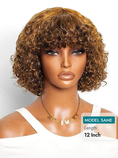 Honey Brown Highlights Curly Full Machine Made Glueless Curly Wig with Bangs Beginner Friendly