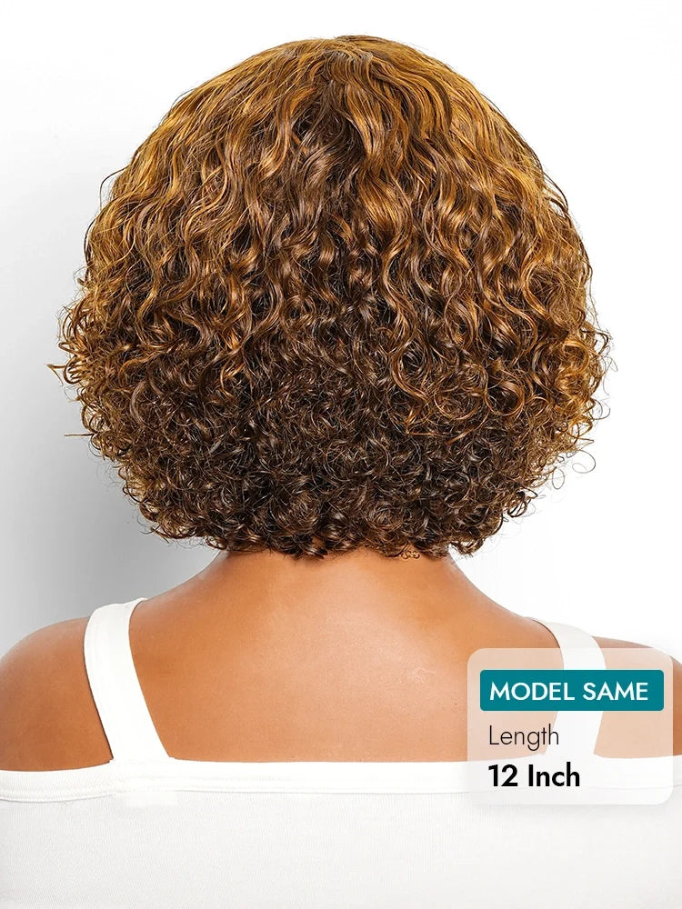 Honey Brown Highlights Curly Full Machine Made Glueless Curly Wig with Bangs Beginner Friendly