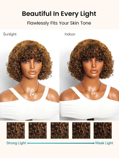 Honey Brown Highlights Curly Full Machine Made Glueless Curly Wig with Bangs Beginner Friendly