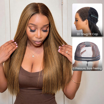 Silky Straight Brown Highlight Ombre Pull Go 13x6 Full Lace Wig Glueless Wig Suits All Heads