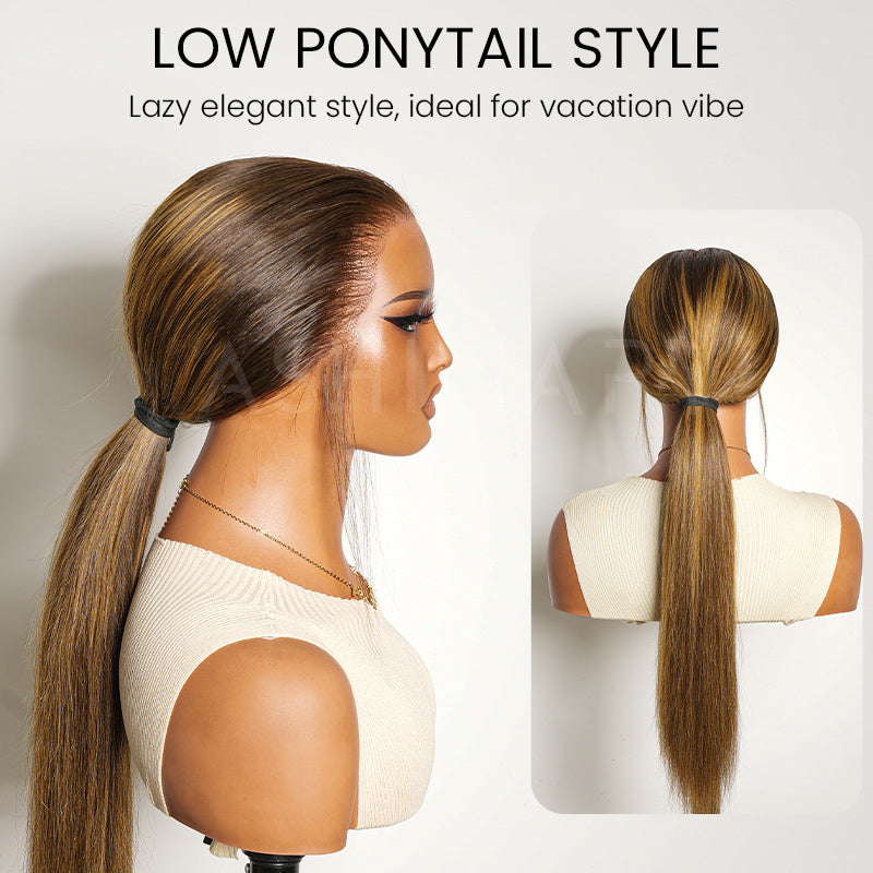 Silky Straight Brown Highlight Ombre Pull Go 13x6 Full Lace Wig Glueless Wig Suits All Heads