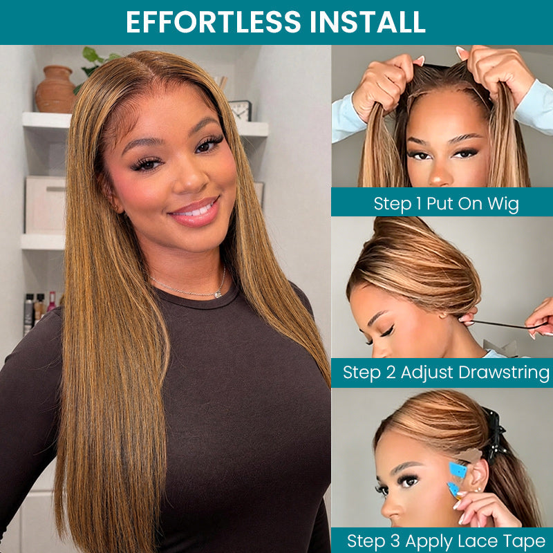 Silky Straight Brown Highlight Ombre Pull Go 13x6 Full Lace Wig Glueless Wig Suits All Heads