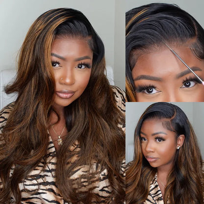 Balayage Highlights Dark Roots Layer Cut Body Wave 360 Skin Lace Frontal with Invisi Strap Human Hair Wig