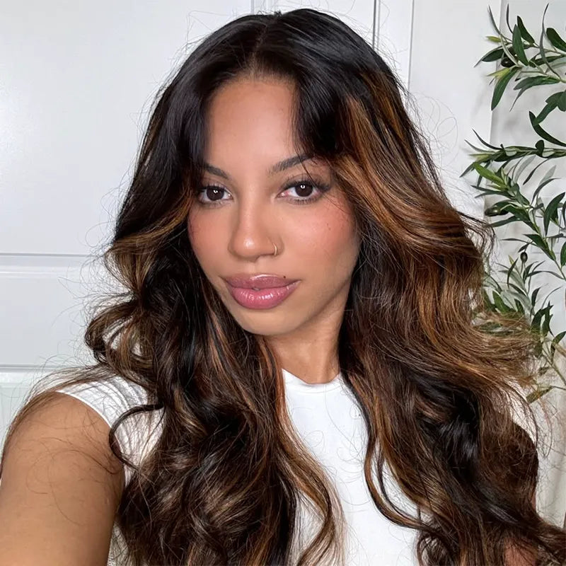 Balayage Highlights Dark Roots Layer Cut Body Wave 360 Skin Lace Frontal with Invisi Strap Human Hair Wig
