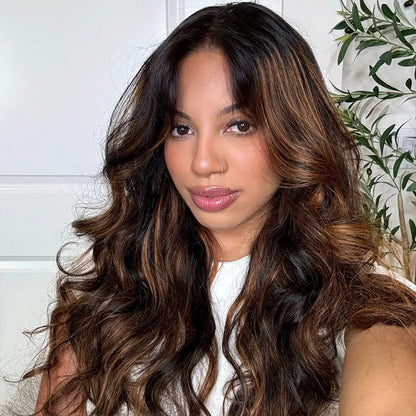 Balayage Highlights Dark Roots Layer Cut Body Wave 360 Skin Lace Frontal with Invisi Strap Human Hair Wig