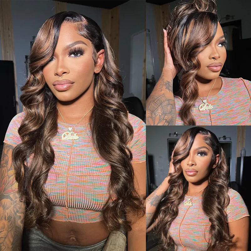 Balayage Highlights Dark Roots Layer Cut Body Wave 360 Skin Lace Frontal with Invisi Strap Human Hair Wig