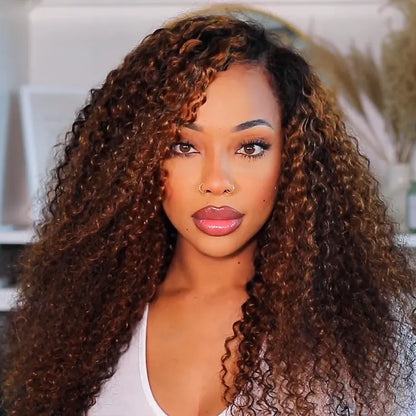 Balayage Brown Highlight Kinky Curly Half Wig Easy Pull Go Drawstring Glueless 3 in 1 Flip Over Wig