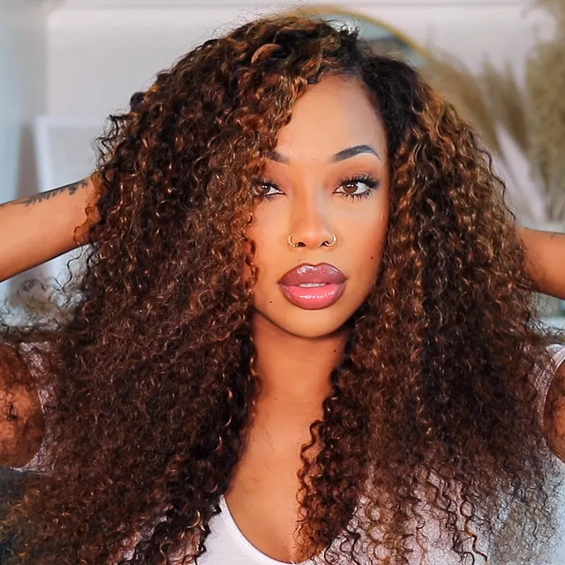 Balayage Brown Highlight Kinky Curly Half Wig Easy Pull Go Drawstring Glueless 3 in 1 Flip Over Wig