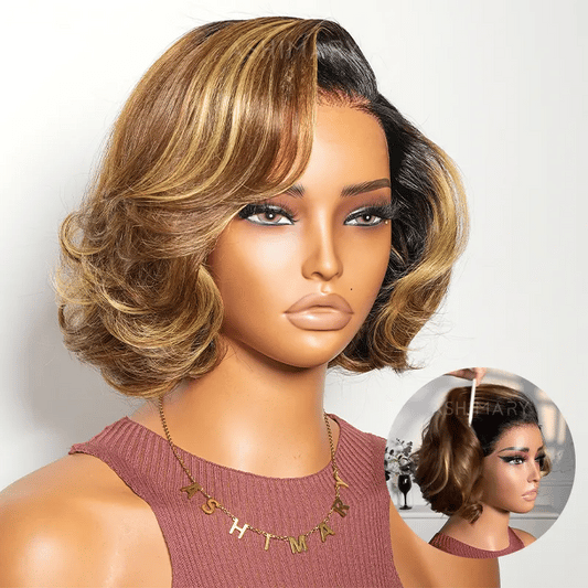 7x5 Closure Lace Peacock Curls Brown Highlight Ombre Bob Wig StayLock™ Contour Structure Glueless Wig 720° Snug Fit Pre-Everything Human Hair Wigs