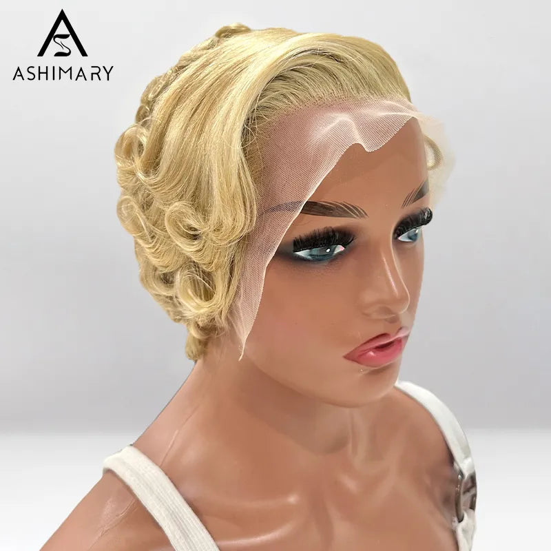 613 Blonde Pre-Styled Short Pixie Curly Bob Wig Transaprent Lace Frontal Human Hair wig