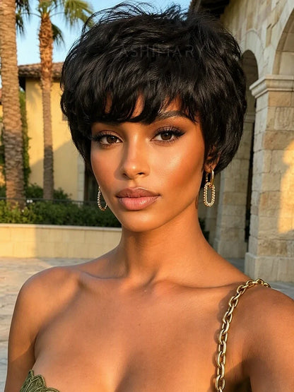 BOGO Short Pixie Cut Wig Bangs Style Boss Lady Layered Wig Natural Black