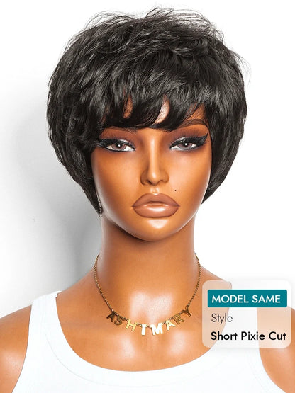BOGO Short Pixie Cut Wig Bangs Style Boss Lady Layered Wig Natural Black
