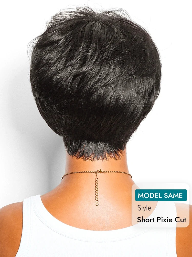 BOGO Short Pixie Cut Wig Bangs Style Boss Lady Layered Wig Natural Black
