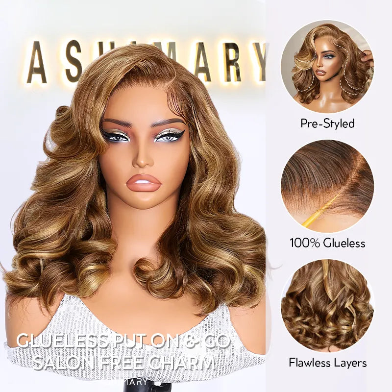 70% OFF | Glueless Wigs Blonde Highlight Pre-Styled Body Wave Lace Bob Wig With Baby Hair