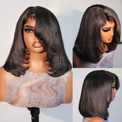 [US 24H Ship] Layered Cut Yaki Straight Glueless Pull Go 13x4 Lace Frontal Bob Wig With Side Swept Bangs Put On And Go Double Drawn Human Hair Wig with Drawstring