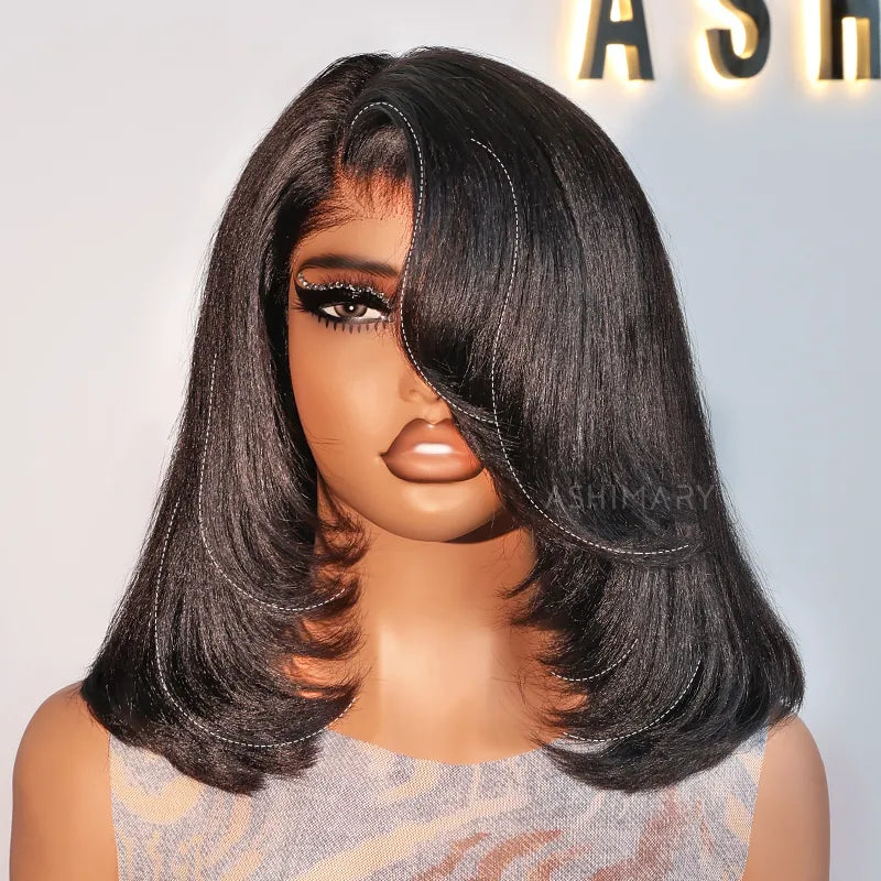 [US 24H Ship] Layered Cut Yaki Straight Glueless Pull Go 13x4 Lace Frontal Bob Wig With Side Swept Bangs Put On And Go Double Drawn Human Hair Wig with Drawstring