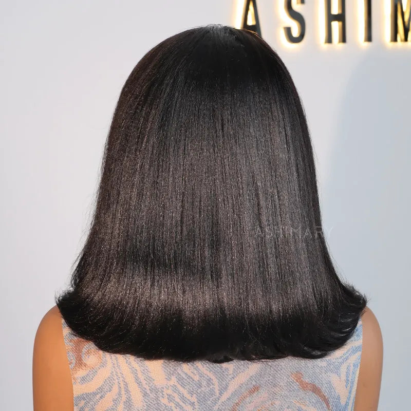 [US 24H Ship] Layered Cut Yaki Straight Glueless Pull Go 13x4 Lace Frontal Bob Wig With Side Swept Bangs Put On And Go Double Drawn Human Hair Wig with Drawstring