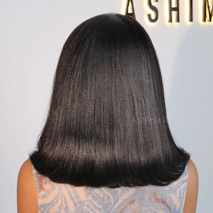 [US 24H Ship] Layered Cut Yaki Straight Glueless Pull Go 13x4 Lace Frontal Bob Wig With Side Swept Bangs Put On And Go Double Drawn Human Hair Wig with Drawstring