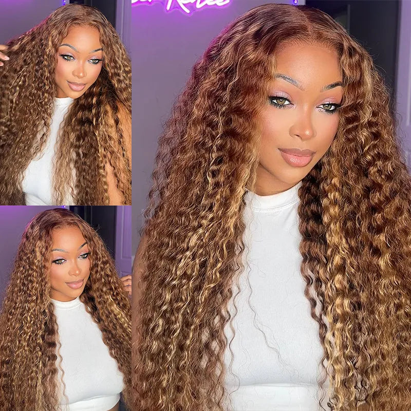 [US 24H Ship] Honey Blonde Highlight Water Wave Pull Go 13x6 Full Skin Lace Wig Tiny Knots Glueless Wig