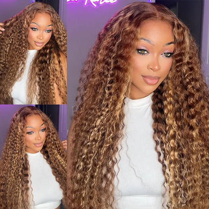 [US 24H Ship] Honey Blonde Highlight Water Wave Pull Go 13x6 Full Skin Lace Wig Tiny Knots Glueless Wig
