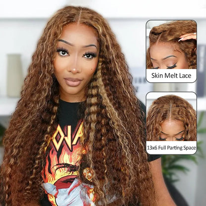 [US 24H Ship] Honey Blonde Highlight Water Wave Pull Go 13x6 Full Skin Lace Wig Tiny Knots Glueless Wig
