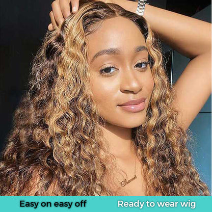 Flowy Bohemian Curly Wear And Go Highlight Piano Color Water Wave Ready to Wear Wig with Pre Plucked Hairline & Bleached Knots