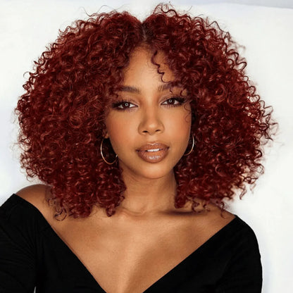 Reddish Brown 13x4 Wig Glueless Lace Sunset Kinky Curl Pull Go Drawstring Wig With Bleached Knots