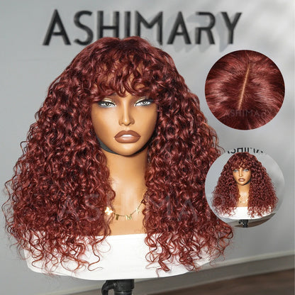 Reddish Brown Curly Wig with Full Bangs Machine Made Cost-effective Human Hair Wig 250% Density