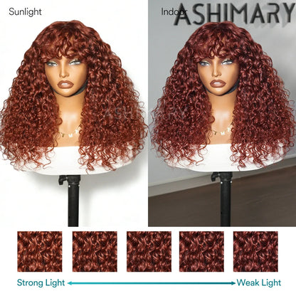 Reddish Brown Curly Wig with Full Bangs Machine Made Cost-effective Human Hair Wig 250% Density