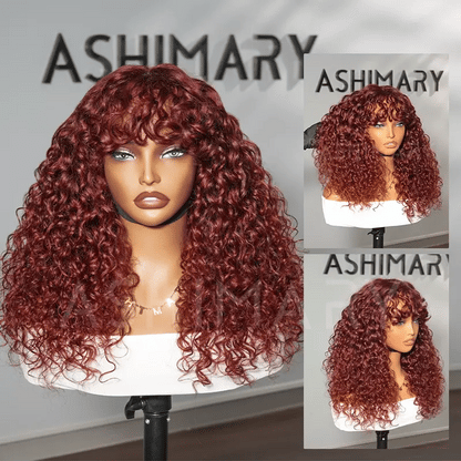Reddish Brown Curly Wig with Full Bangs Machine Made Cost-effective Human Hair Wig 250% Density
