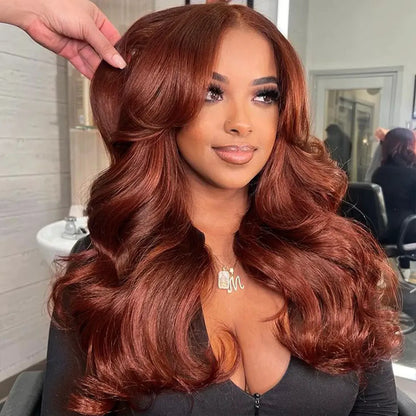Upgrade Reddish Brown Layer Cut Body Wave Invisi Strap Laid Flat 360 Skin Lace Frontal Pre-Bleached Knots Put On & Go Wig