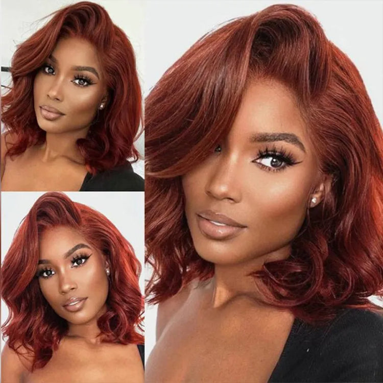 Reddish Brown Pre-Styled Body Wave Glueless Layer Wavy Bob Wig Transparent Lace Ready To Go Wigs