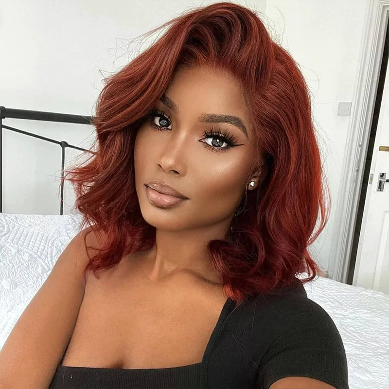 Reddish Brown Pre-Styled Body Wave Glueless Layer Wavy Bob Wig Transparent Lace Ready To Go Wigs