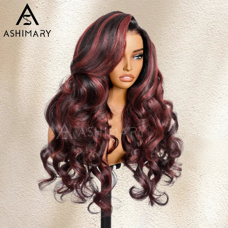 70% OFF | Cherry Red Highlight Layered Cut Body Wave Wig 13x6 Full Pre-Everything Wig Burgundy Highlight