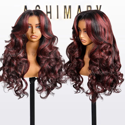 70% OFF | Cherry Red Highlight Layered Cut Body Wave Wig 13x6 Full Pre-Everything Wig Burgundy Highlight