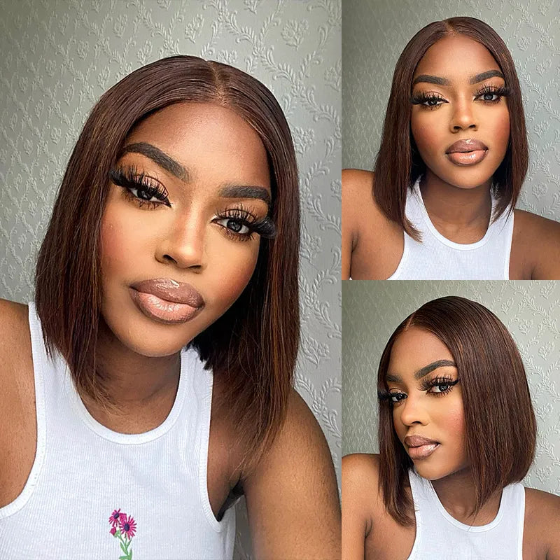 Double Drawn High Density Rich Chocolate Brown 4x4 Lace Closure Straight Blunt Cut Bob Wig