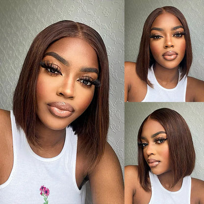 Double Drawn High Density Rich Chocolate Brown 4x4 Lace Closure Straight Blunt Cut Bob Wig