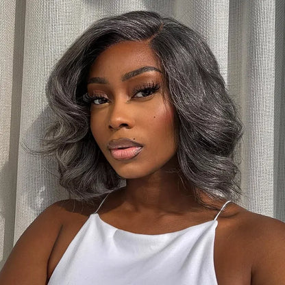 Salt and Pepper Pre-Styled Layered Cut Short Bob Wig Blowout Hairstyle Human Hair Wig