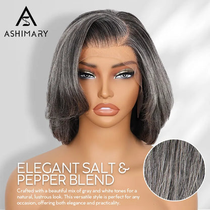 Salt and Pepper Pre-Styled Layered Cut Short Bob Wig Blowout Hairstyle Human Hair Wig