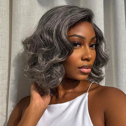 Salt and Pepper Pre-Styled Layered Cut Short Bob Wig Blowout Hairstyle Human Hair Wig
