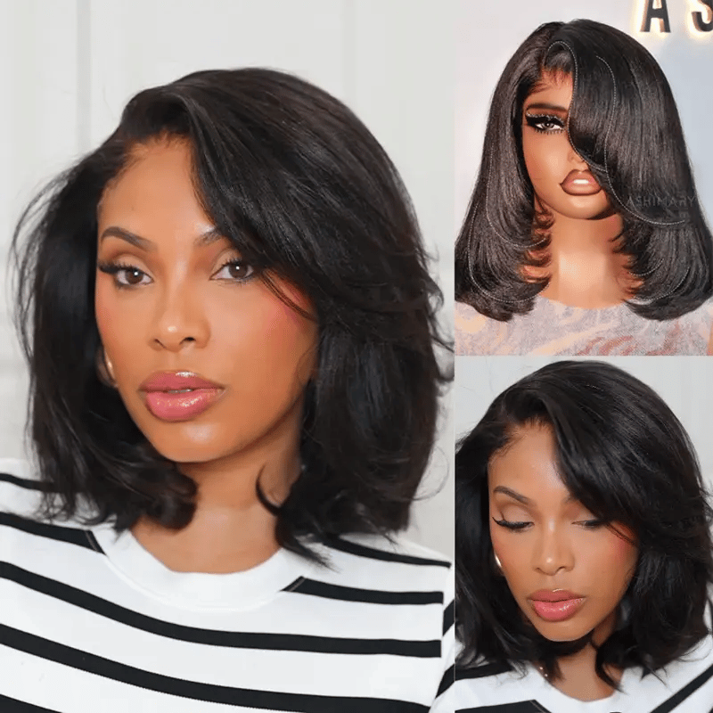 [US 24H Ship] Layered Cut Yaki Straight Glueless Pull Go 13x4 Lace Frontal Bob Wig With Side Swept Bangs Put On And Go Double Drawn Human Hair Wig with Drawstring