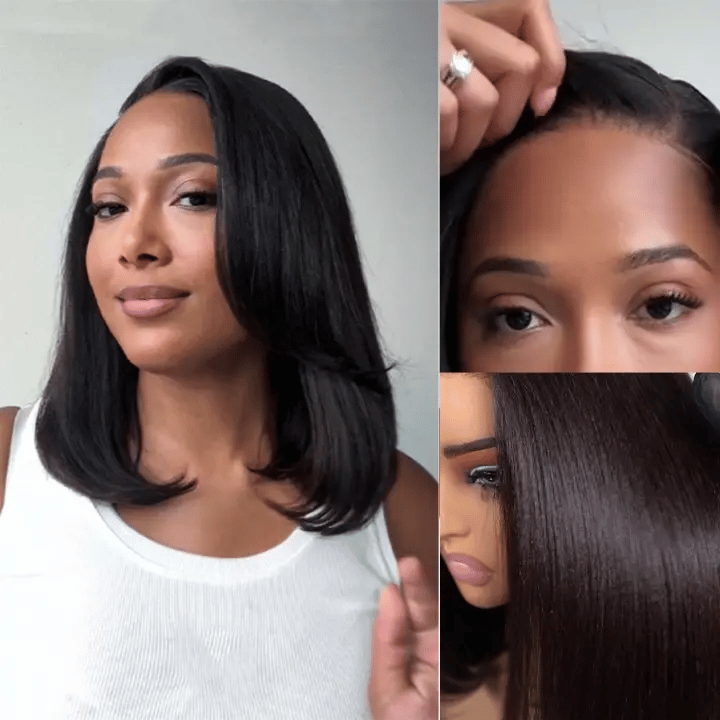 [US 24H Ship] Layered Cut Yaki Straight Glueless Pull Go 13x4 Lace Frontal Bob Wig With Side Swept Bangs Put On And Go Double Drawn Human Hair Wig with Drawstring